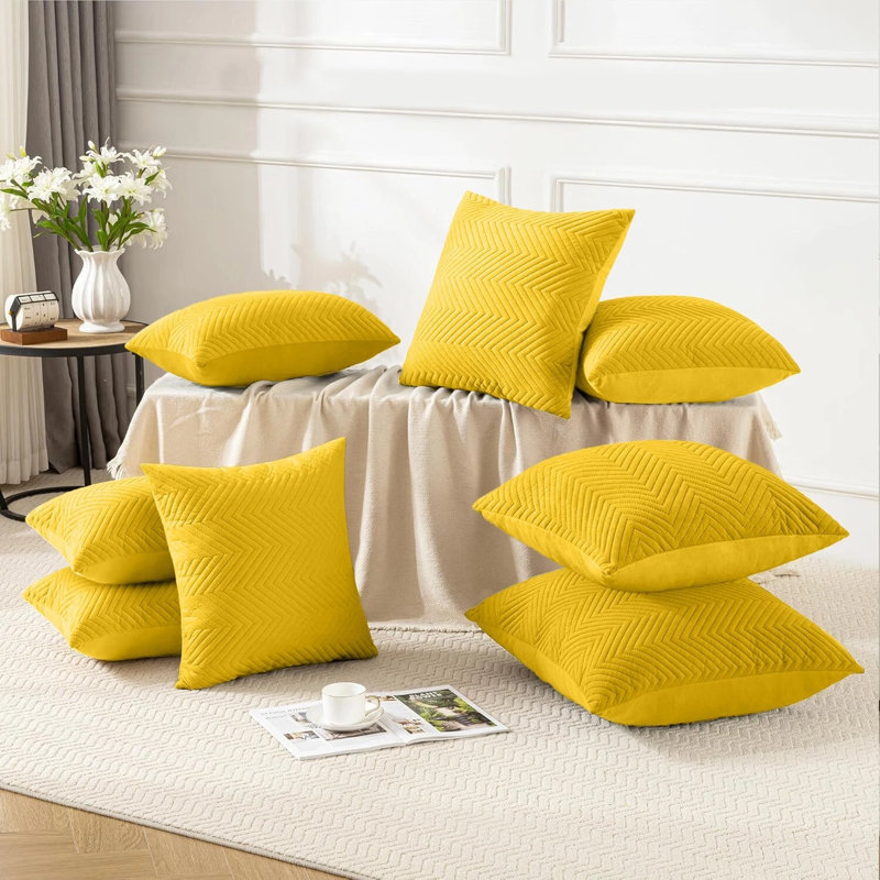 Embossed Quilted Chevron Decorative Cushion Cases - Set of 4 Modern Couch & Bed Décor Velvet Throw Pillow Covers , Ochre