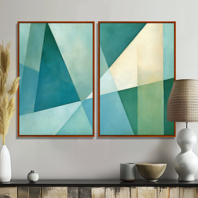 Green Blue Abstract Geometric Fusion II - Green Canvas Wall Art 2-Panels