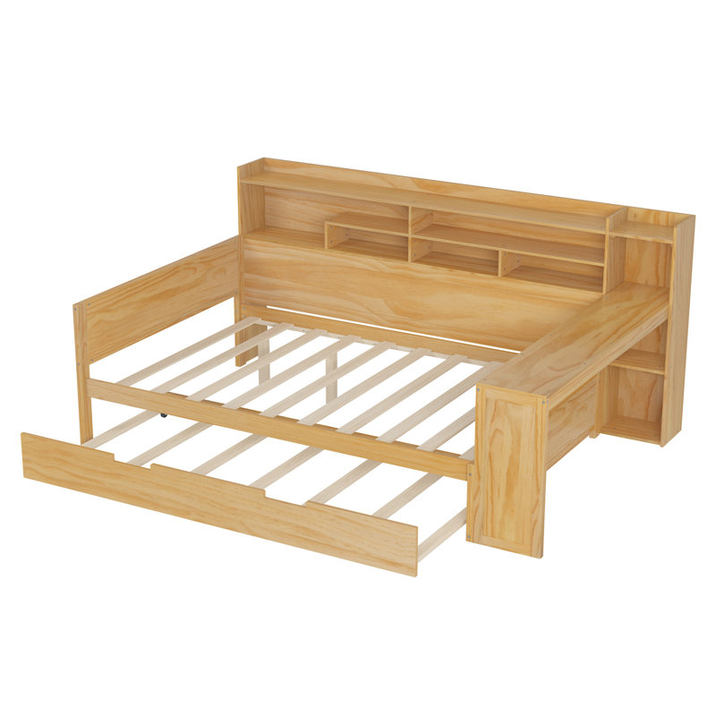 Lit de jour double en bois de pin massif avec gigogne et bureau Ellington