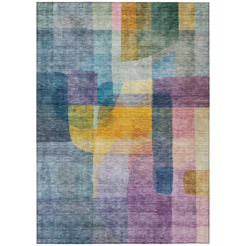 Tapis extérieur lavable abstrait bleu, vert et mauve 5 pi x 8 pi