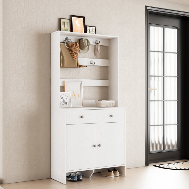 20 Pair Shoe Cabinet With Drawers, Entryway Shoe Storage Organizers With Door Cabinet & Hall Tree, White