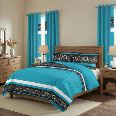 California King Size 9-Piece Teal & Black Swirl Pattern Bedding & Curtain Set (Cal King) - Quilted Microfiber Bedspread + Sheer Drapes