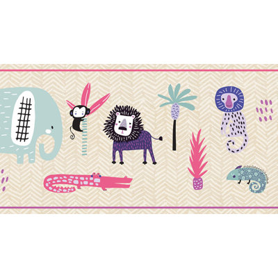 GB90200 Grace & Gardenia Safari Animals Peel and Stick Wallpaper Border 10in Height x 15ft Long, Pink Purple Beige