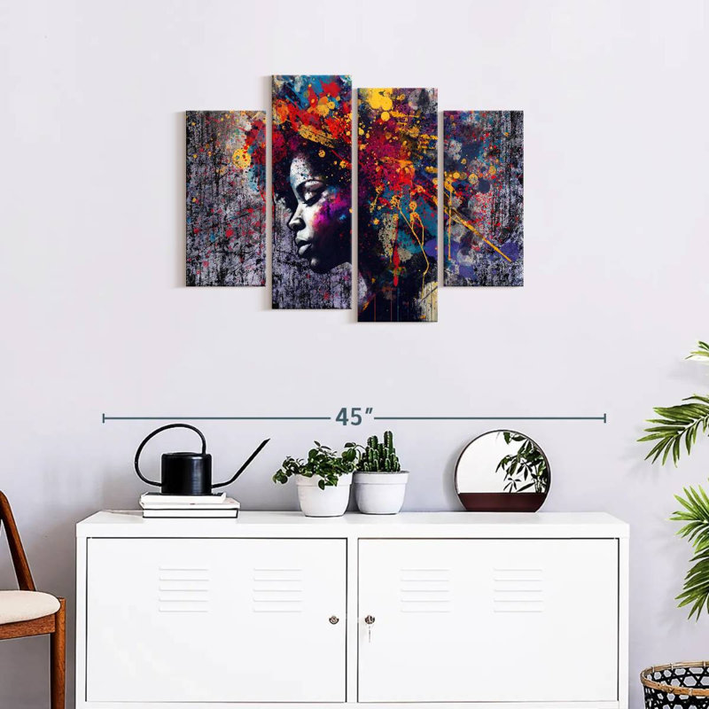 "Portrait féminin", ensemble de 4 reproductions sur toile abstraites sur toile par Jude A, H 22 po x l 36 po x P 1 po