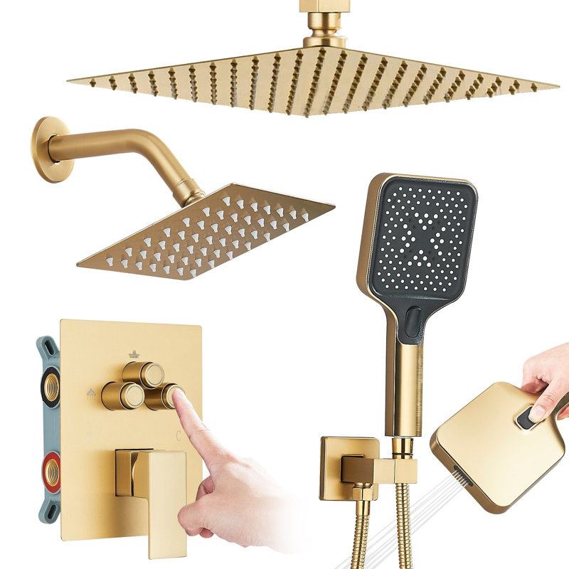 Rainfall Symphony 10inch 3-Function Dual Shower Head Thermostatic Shower System with 3 Sprays Handheld, Brushed Gold