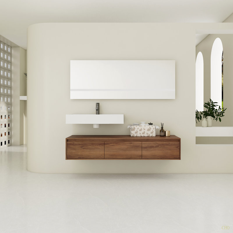 Meuble-lavabo mural de 60 po avec lavabo en résine, tiroir à fermeture en douceur et fixation flottante