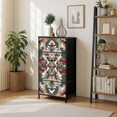 Commode de rangement verticale à 4 tiroirs avec motif aztèque de style tribal et Navajo