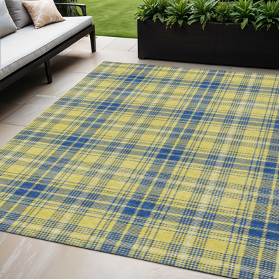 5' X 8' Yellow Blue Plaid Washable Indoor Outdoor Area Rug