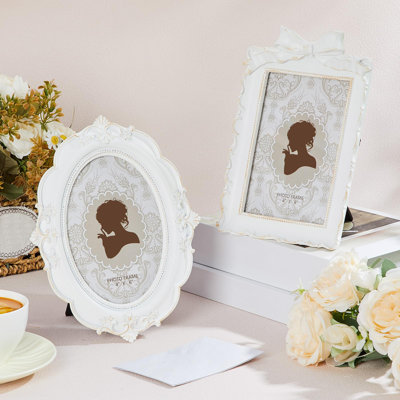 Vintage Picture Frames Antique Baroque Ornate Resin Rectangle Oval Photo Frames With Glass Front Tabletop And Wall Decor,(White/4 X 6 Inches/2 Pcs)