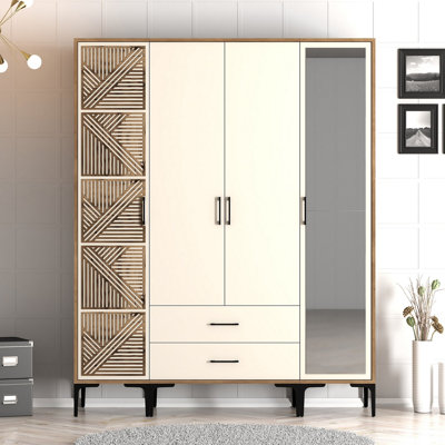 Modern Wardrobe with Geometric Design, Walnut & Cream, 63.0 x 79.2 x 18.7 inches | 100% Melamine Coated Particle Board, Thickness: 0.7 inches | Stylish Storage Solution for Contemporary Bedrooms & Living Spaces
