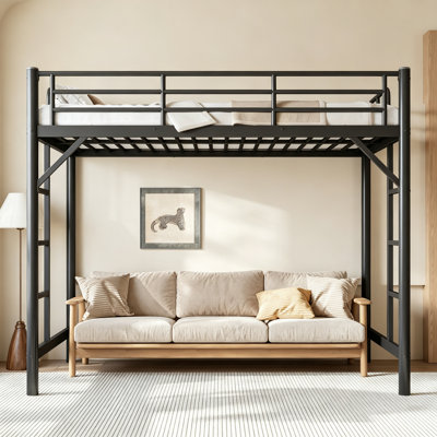 Lit mezzanine simple en métal de taille XL, lit mezzanine avec échelle facile à monter et garde-corps, noir
