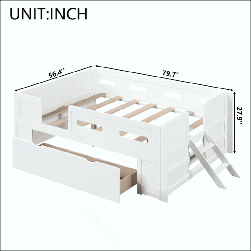 Lit plateforme en bois avec garde-corps et tiroir, Lit double, Blanc