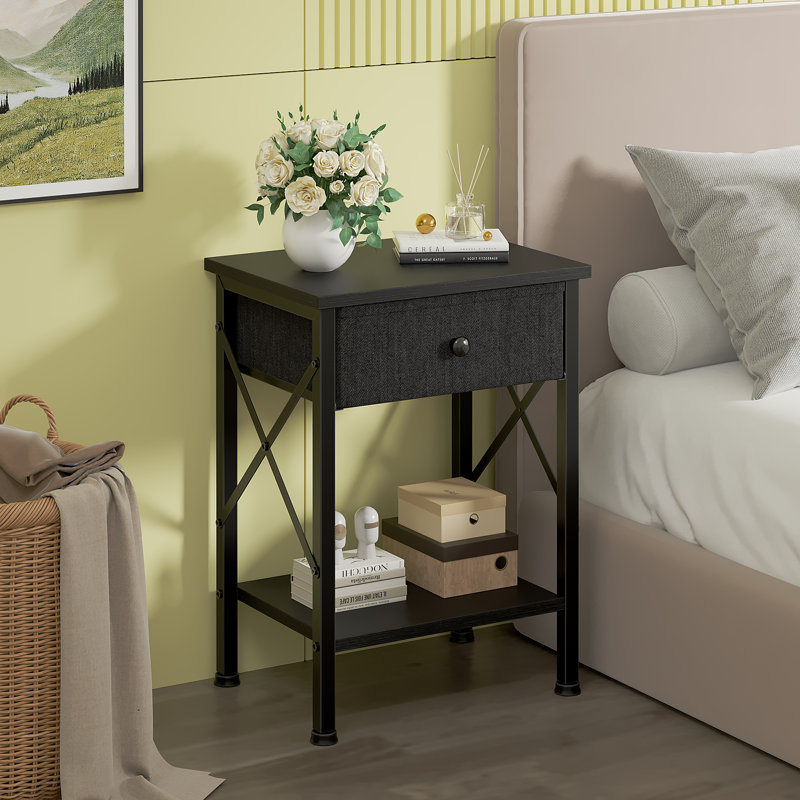 Fabric Drawer Nightstand With Open Shelf, Small Bedside Table For Bedroom, Living Room Or Dorm, Black