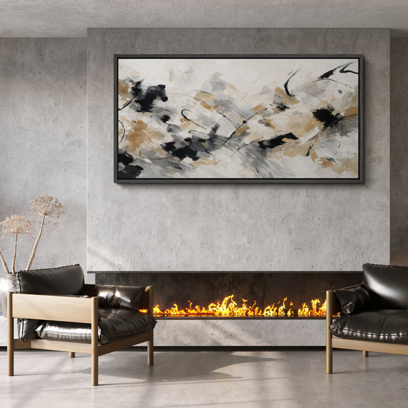 «Neutral Abstract Composition» en noir et or gris - reproduction d'art sur toile encadrée, Noir, H 30 po x l 60 po x P 1,5 po