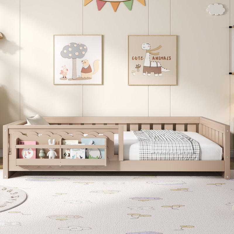 Lit plateforme simple en bois massif avec garde-corps et tablettes de rangement pour enfants, naturel, Lit simple, Naturel