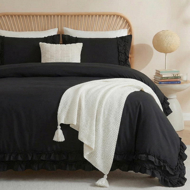 Ensemble de housse de couette à volants 100% coton, Housse de couette très grand et 2 taies d'oreille, Noir