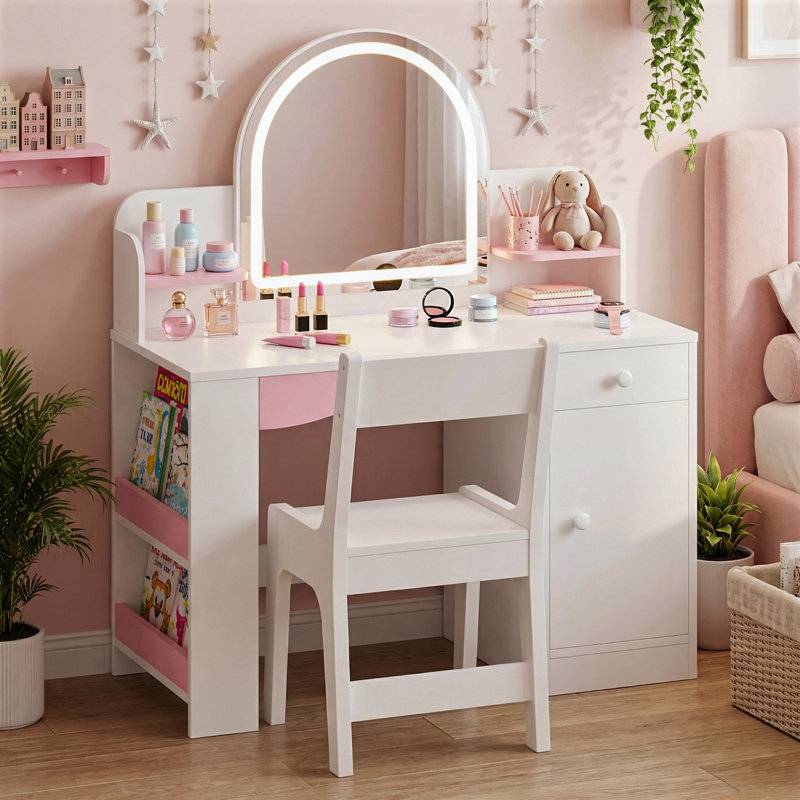 Bureau de coiffeuse pour enfants avec miroir à DEL et tabouret