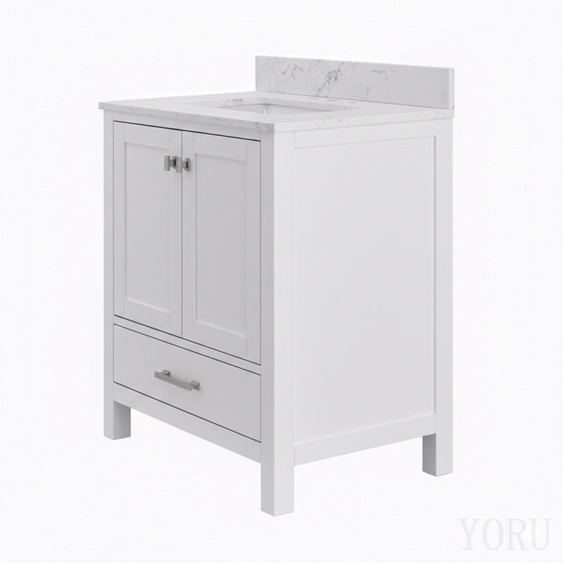 Meuble-lavabo de 30 po avec cadre en bois massif et comptoir de meuble-lavabo autoportant avec lavabo blanc