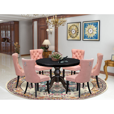 7 Piece Dining Set Contains a 48" Round Kitchen Table with Pedestal and 6 Beige Red Polyester Parson Chairs, Sand Blasted Black