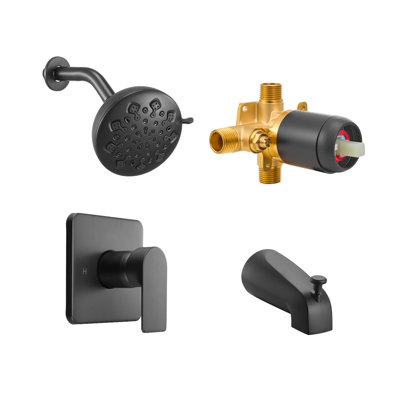 Ensemble de robinetterie pour baignoire et douche, pommeau de douche effet pluie de 12,7 cm et bec de baignoire, 8 jets réglables, kit complet de garniture de baignoire à poignée unique avec valve d'équilibrage de pression en laiton, noir mat