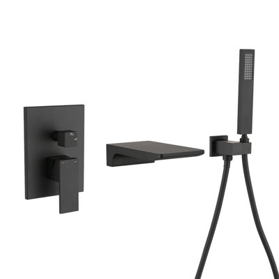 Modern Matte Black Wall Mounted Bathroom Shower , Handheld With 59" Hose, - Balanced Valve And Flat Waterfall Spout Tub Filler, Featuring Shower, Single Handle Design