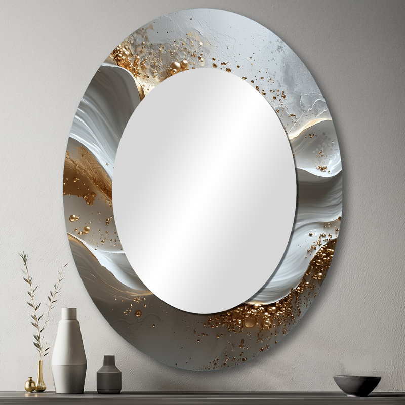 Gris et or abstrait marbre II - miroir mural moderne ovale doré, 43" x 33"