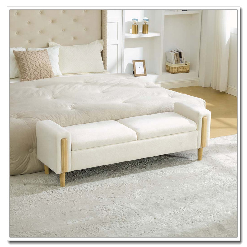 Banc de rangement rembourré avec couvercles doubles et accoudoirs, Beige