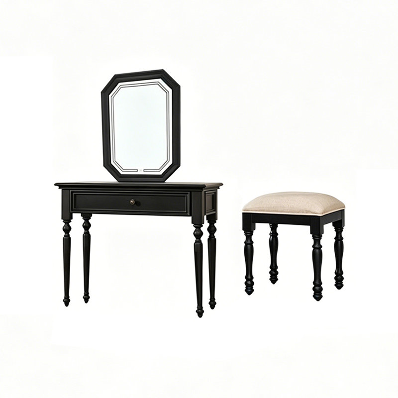 Coiffeuse 27,56 po en bois massif noir de luxe rétro avec miroir, H 57,48 po x l 27,56 po x P 15,75 po