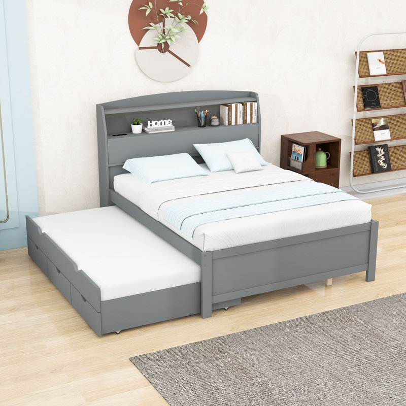  Lit plateforme en bois avec lit gigogne, tête de lit et tiroirs Falcone, Double, gris