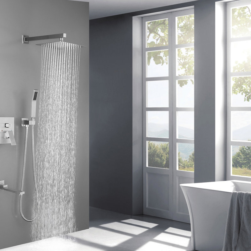 Brushed Nickel Shower Mixer - 10 Inch Square Luxury Bathroom Rain, Brushed Nickel