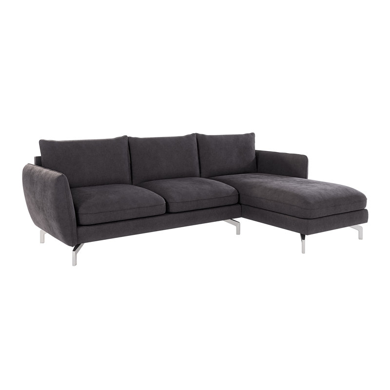 Modern L-Shape Corner Sofa Kimo with Silver Metal Legs, Graphite, Right Hand Facing