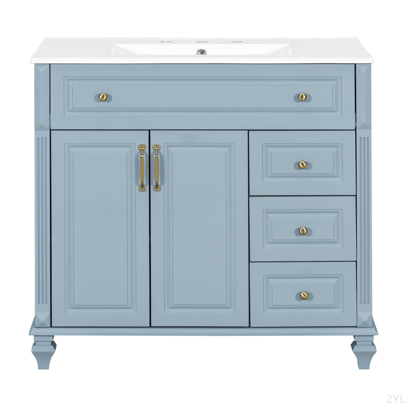 Meuble-lavabo de 36 po avec lavabo, armoire de salle de bain en bois massif avec tiroir rabattable, 3 tiroirs et 2 portes, conception élégante avec poignées en métal, meuble-lavabo moderne en bois aggloméré pour le rangement de la salle de bain