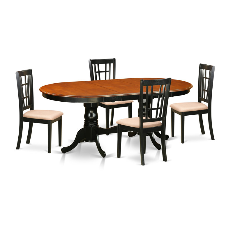 5 Piece Dining Table Set for 4 Includes an Oval Kitchen Table with Butterfly Leaf and 4 Linen Fabric Kitchen Dining Chairs, Black & Cherry