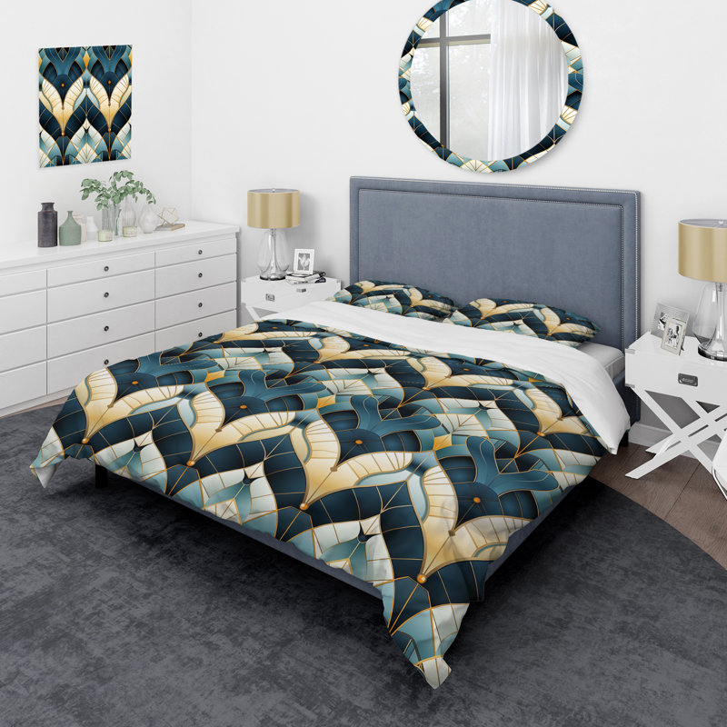 Teal And Gold Damask Geometric Dream - Ensemble de housse de couette damassé