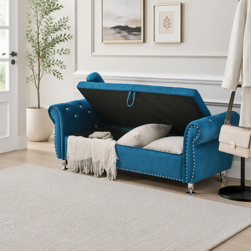 Banc de rangement en velours doux 62,2 pouces, Bleu, Bleu