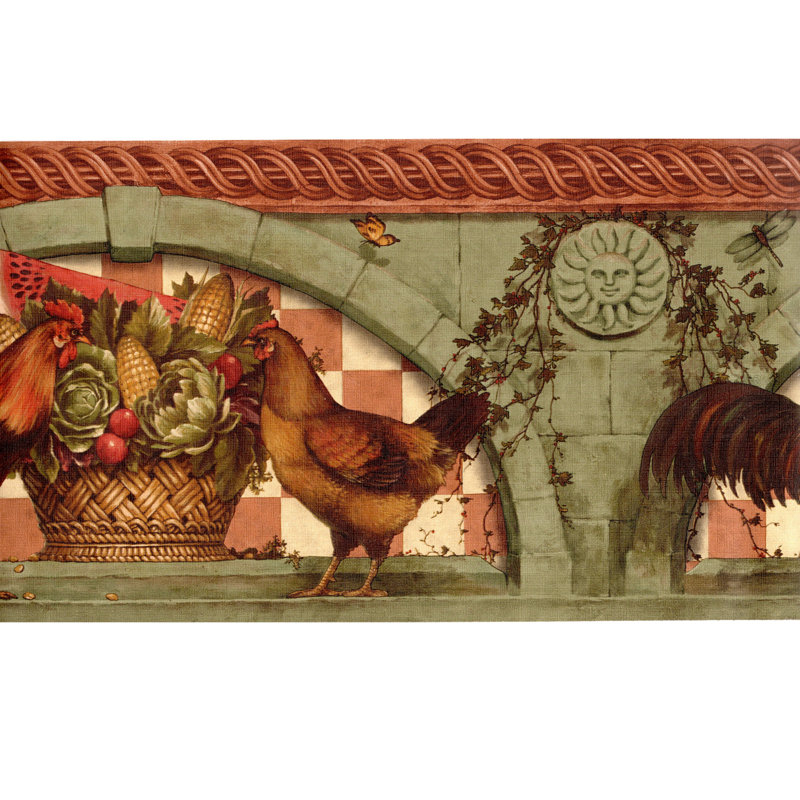 Rooster and Produce Wallpaper Border - White, Red, Green 15' L x 10.25 " W