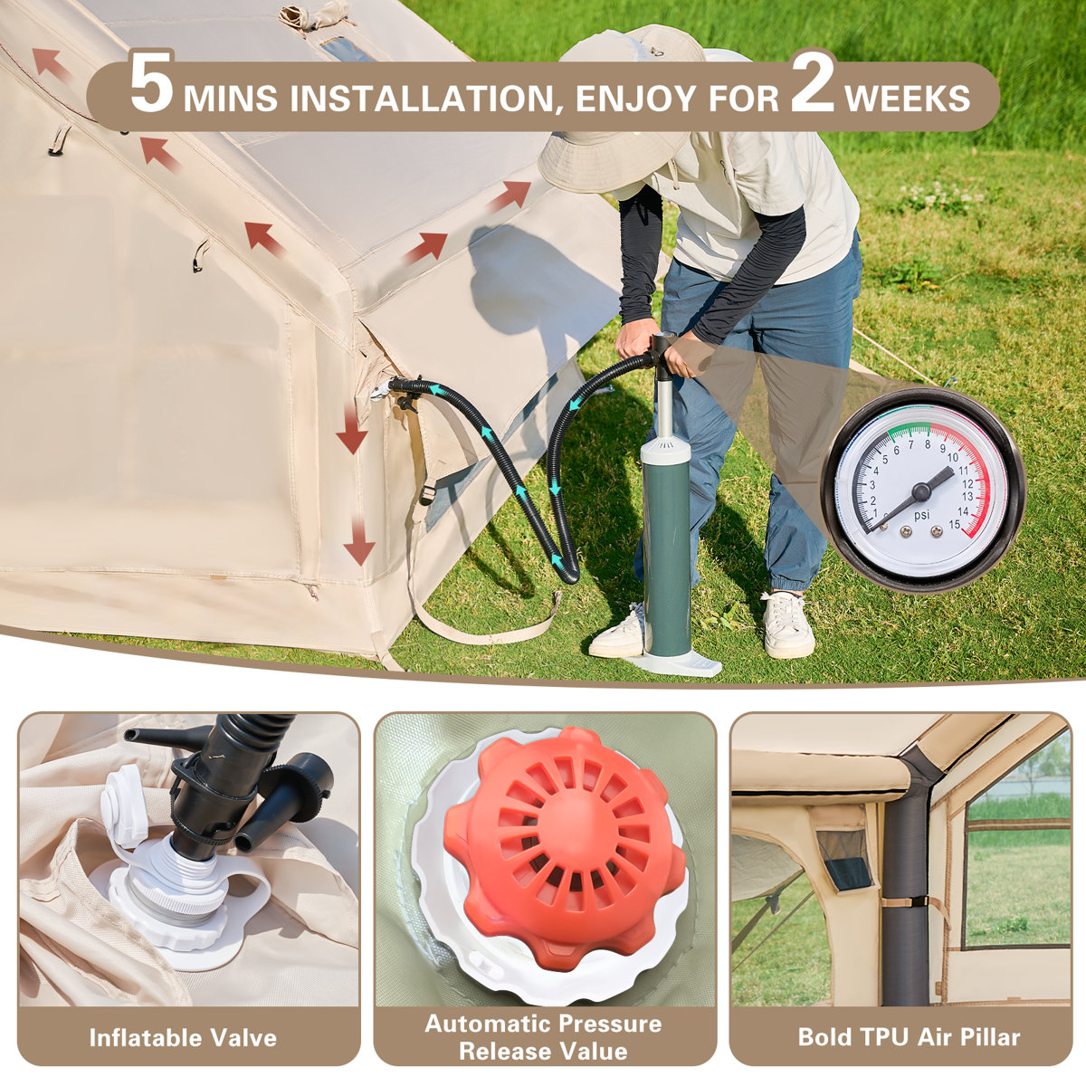 Tente De Camping Gonflable 6 M² Pour 4 à 6 Personnes, Tente En Coton