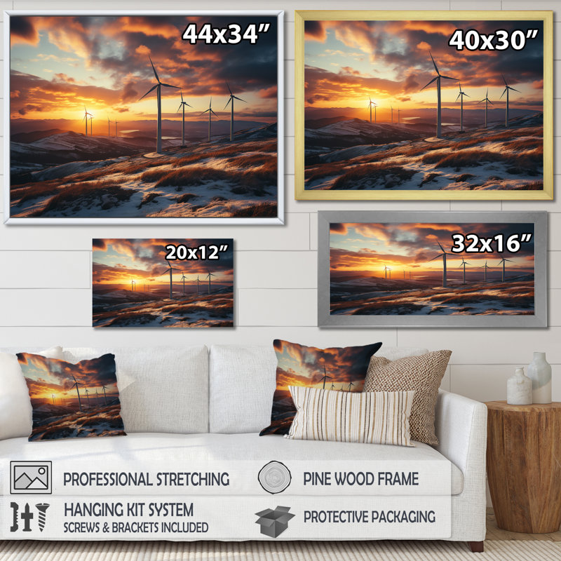 «Sunset Wind Turbines Mountain View V - Wind Turbines», art mural, Cadre de coin argenté fermé, H 34 po x l 44 po x P 1,5 po