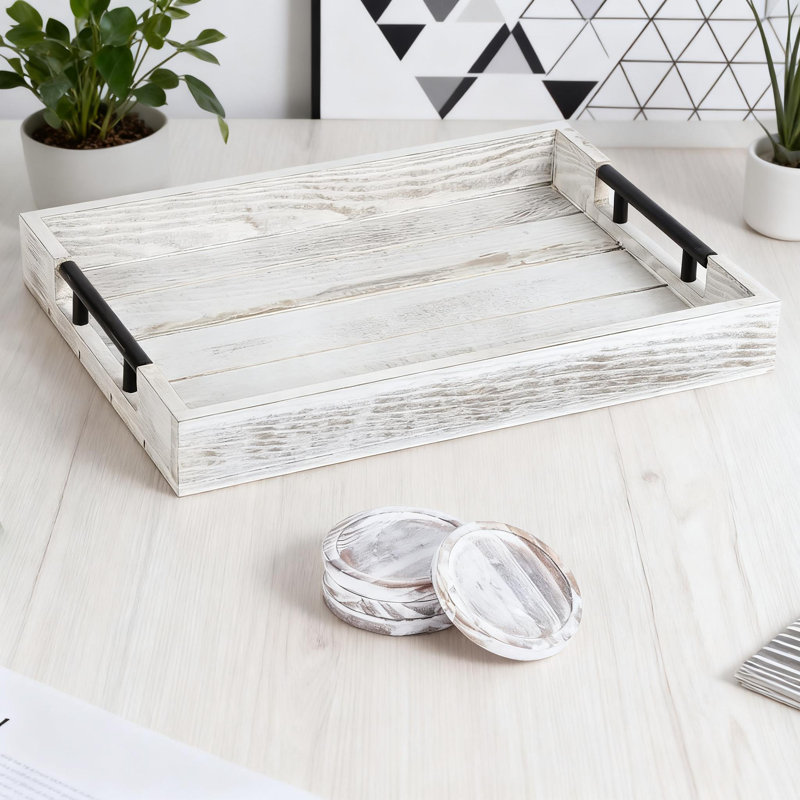 Plateau de service en bois avec sous-verres, plateau de ferme rustique pour table basse, petit-déjeuner et décoration intérieure