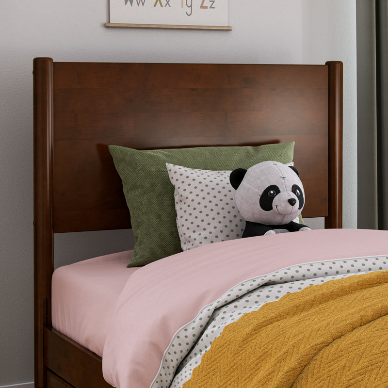 Lit plateforme en bois avec pied de lit et tiroirs de rangement Ronan, Noyer, Lit simple