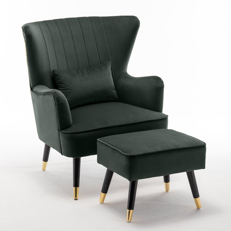 Upholstered With Footstool Wingback Chair, Velvet, Bottle Green