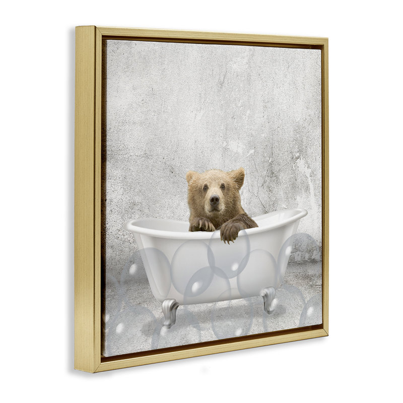 «Baby Bear Bath Time», art mural sur toile flottante par Kim Allen, Cadre flottant métallique doré, H 18 po x l 18 po
