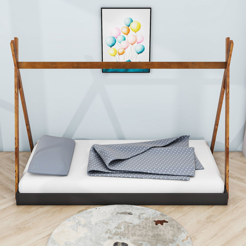 Twin Size Wooden Tent Floor Bed with Triangle Structure, Black/Brown