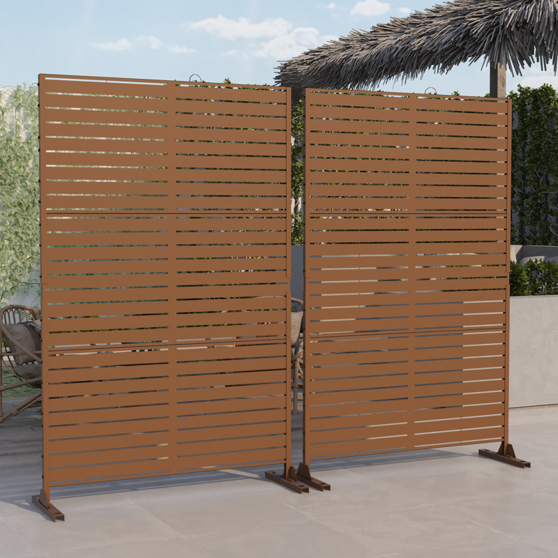 Ensemble de 2 panneaux de clôture en métal 74,8 po x 47 po à rayures avec motif d'intimité, Brun