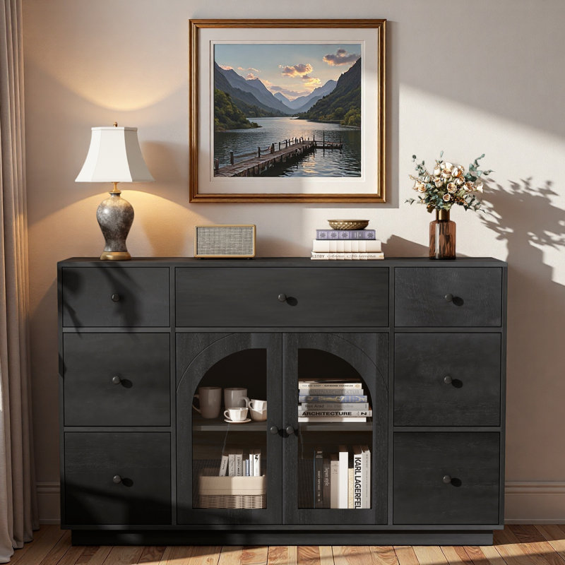 Buffet avec 2 portes, 7 tiroirs et tablette réglable, Noir