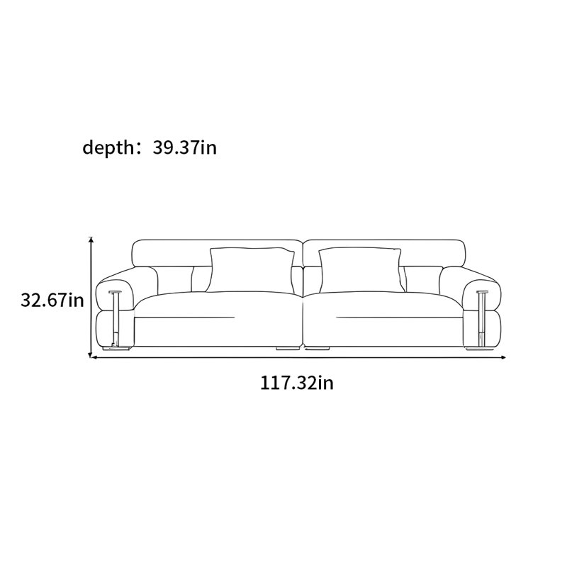 Canapé droit italien en bloc de tofu minimaliste, H 32,67 po x l 117,32 po x P 39,37 po, 4