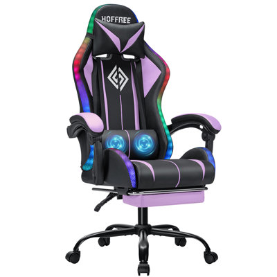 Hoffree Reclining Ergonomic PC & Racing Game Chair with LED Lights & Massage Lumbar Pillow
