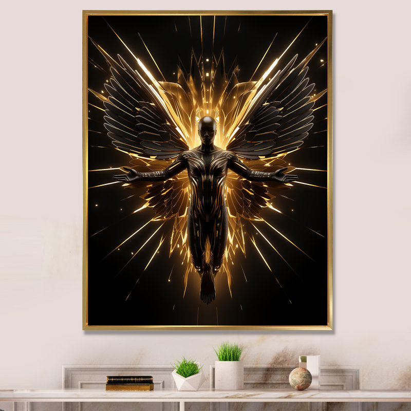 «Yellow Dark Fantasy Angel Warrior», art mural fantastique, Cadre flottant doré, H 32 po x l 24 po