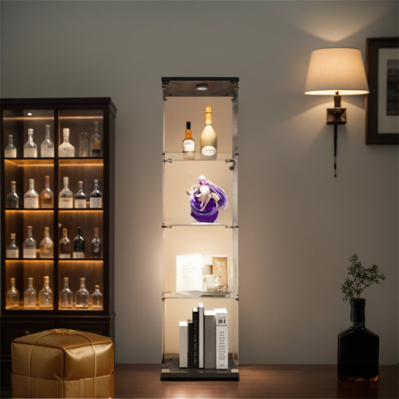 Armoire éclairée en verre à 4 tablettes, armoires Curio, bibliothèque sur pied en verre noir