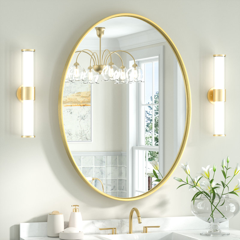 Juriana Metal Shatterproof Modern Flat Oval Vanity Decorative Wall Mirror, 24" H x 36" W x 2" D, Gold